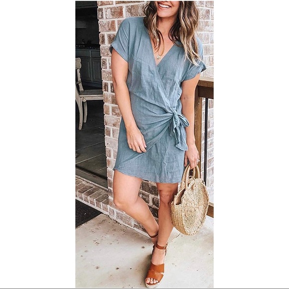 Wrap Front V Neck Short Sleeve Tie Knot Belt Dress - Picture 2 of 3